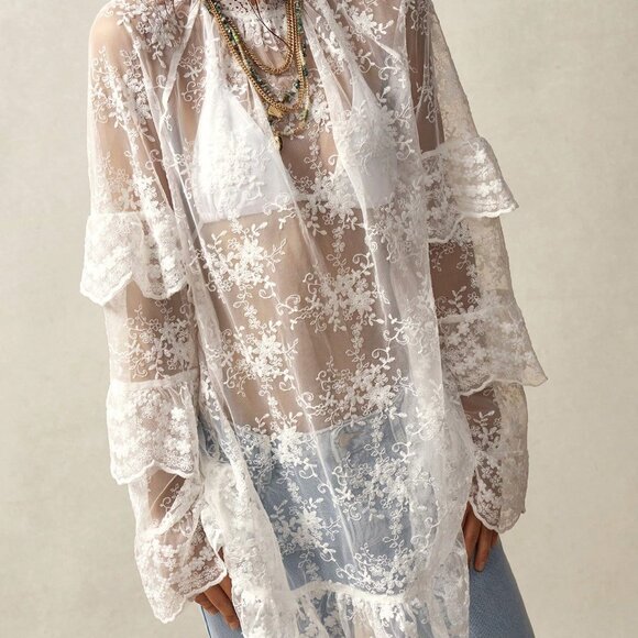 White Boho Casual Women's Long Sleeve Mini Dress - Picture 7 of 8